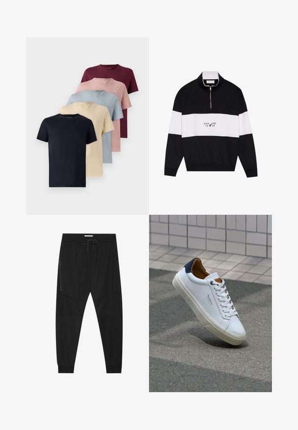 Pier One Sportska majica - jet black; Pet kratkih rukava u redu. Boje uključuju mornarsku plavu, krem, svijetloplavu, ružičastu i burgundsku. Glatka tkanina, dizajn s okruglim izrezom.; Crne sportske hlače od teksturirane tkanine, s podesivim pojasom, bočnim džepom sa zatvaračem i suženim manžetama.; Bijela kožna tenisica s mornarskom petom, okruglim vrhom i kontrastnim smešnim akcentima. Sadrži ravne vezice i teksturiranu gumenu potplat.