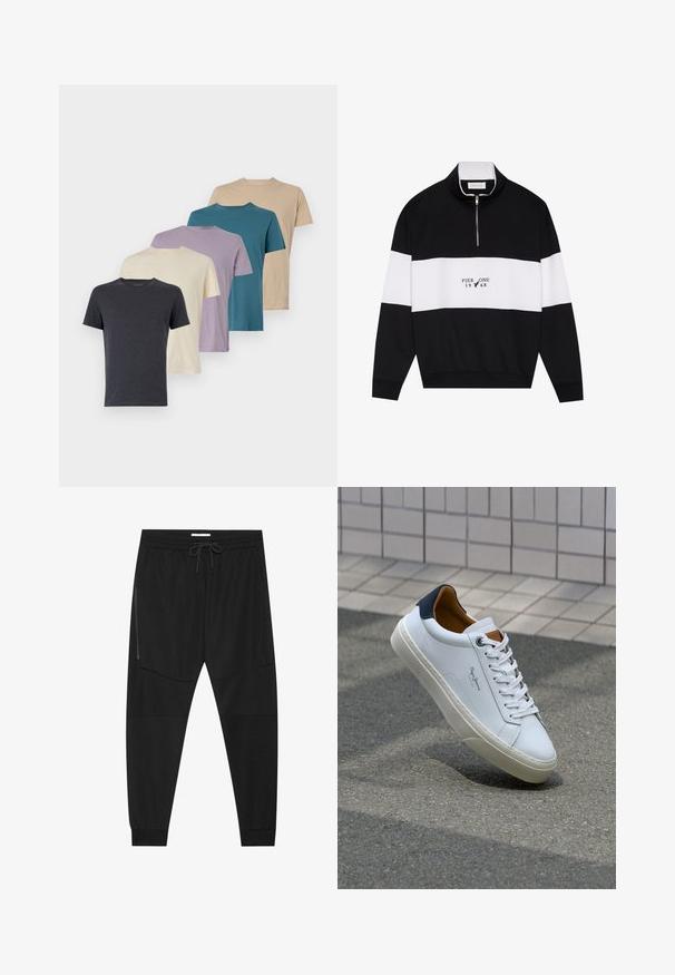 Pier One Sweatshirt - jet black; Five short-sleeve t-shirts in dark gray, cream, lavender, teal, and beige. Made of soft fabric with a crew neck and standard fit.; Black athletic pants made of textured fabric, featuring an adjustable waistband, zippered side pocket, and tapered cuffs.; White leather sneaker with a navy heel, round toe, and contrasting brown accents. Features flat laces and textured rubber sole.