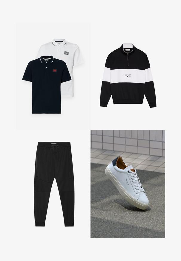 Pier One Športni pulover - jet black; Dve polo majice v mornarsko modri in beli barvi, z kratkimi rokavi, klasičnim ovratnikom in kontrastnimi črtastimi podrobnostmi na ovratniku.; Črne športne hlače iz teksturirane tkanine, z nastavljivim pasom, stranskim žepom na zadrgo in zoženimi manšeti.; Beli usnjeni čevelj s plavo peto, okrogelimi prsti in kontrastnimi rjavimi detajli. Ima ravne vezalke in teksturiran gumijast podplat.