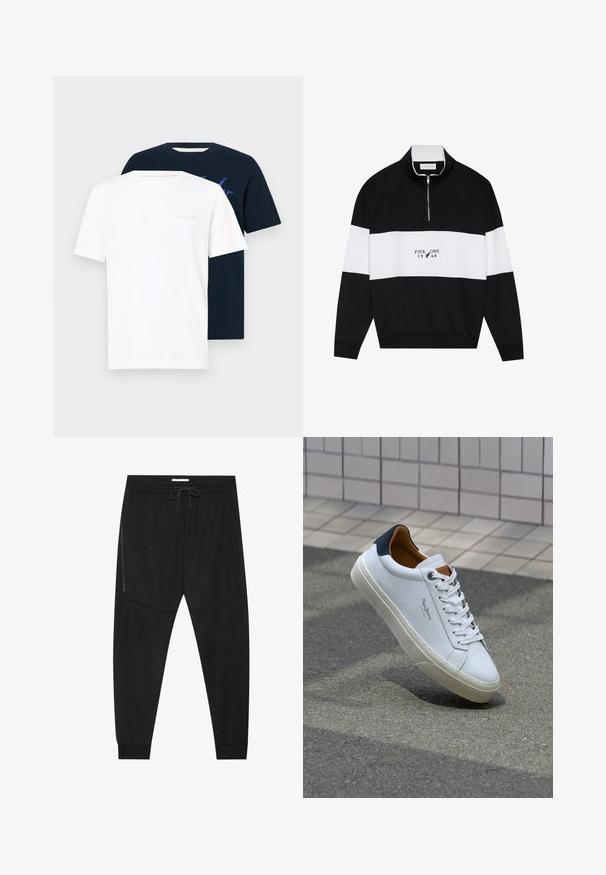 Pier One Camisola - jet black; Duas camisetas de gola redonda: uma branca com texto claro, outra azul-marinho com uma estampa gráfica. Ambas são de manga curta e feitas de um tecido suave.; Calças de treino pretas feitas de tecido texturizado, com uma cintura ajustável, bolso lateral com fecho e punhos afunilados.; Sapatilha de couro branco com calcanhar azul marinho, bico redondo e detalhes em castanho contrastantes. Apresenta atacadores planos e sola de borracha texturizada.