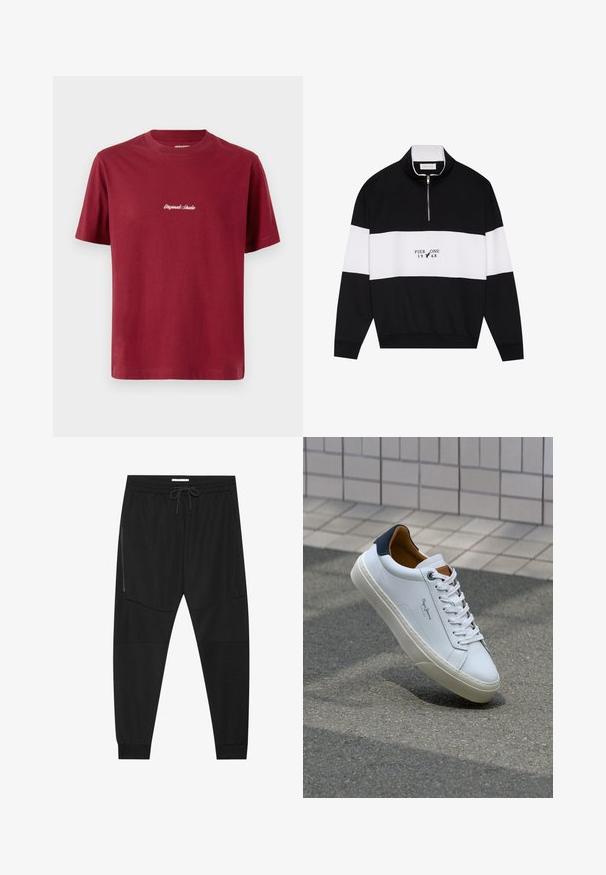Pier One Felpa - jet black; T-shirt in cotone bordeaux con maniche corte e collo rotondo. Presenta un testo ricamato bianco che dice "Originals Studio" sul davanti.; Pantaloni sportivi neri in tessuto texturizzato, dotati di una vita regolabile, tasca laterale con zip e polsini a gamba affusolata.; Sneaker bianca in pelle con tallone blu, punta rotonda e accenti marroni a contrasto. Presenta lacci piatti e suola in gomma testurizzata.