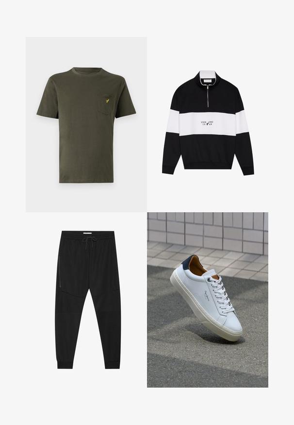 Pier One Sweatshirt - jet black; Olive green cotton t-shirt with a crew neck, short sleeves, and a left chest pocket featuring a small yellow logo. Smooth texture.; Black athletic pants made of textured fabric, featuring an adjustable waistband, zippered side pocket, and tapered cuffs.; White leather sneaker with a navy heel, round toe, and contrasting brown accents. Features flat laces and textured rubber sole.