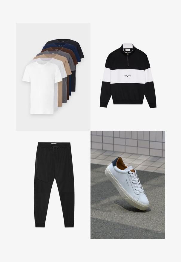 Pier One Bluză de molton - jet black; Opt șase tricouri din bumbac cu mânecă scurtă în diferite culori: alb, gri, bej, maro, bleumarin și negru; guler clasic și textură moale.; Pantaloni atletici negri dintr-un material texturat, cu un talie ajustabilă, buzunar lateral cu fermoar și mansete tapered.; Adidași din piele albă cu călcâi bleumarin, vârf rotund și accente contrastante de culoare maro. Dispun de șireturi plate și talpă din cauciuc texturat.