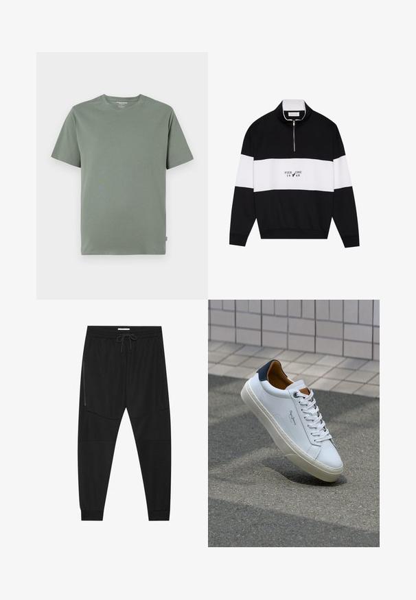 Pier One Sweatshirt - jet black; Kortærmet T-shirt i lys grøn, lavet af blødt stof, med rund hals og syet kant, uden synlige mønstre eller designs.; Sorte træningsbukser lavet af tekstureret stof, med justerbar talje, lynlåslomme på siden og tapered cuffs.; Hvide lædersneakers med en marineblå hæl, rund tå og kontrasterende brune detaljer. Har flade snørebånd og en tekstureret gummisål.