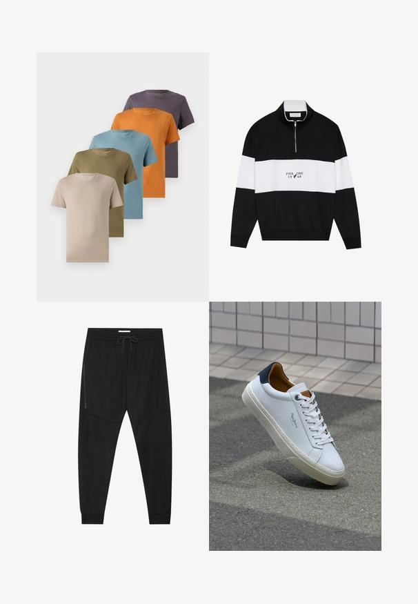 Pier One Mikina - jet black; Päť crew neck tričiek zobrazených v rade, vo farbách béžovej, olivovo zelenej, svetlo modrej, oranžovej a tmavofialovej. Hladká textúra tkaniny.; Čierne športové nohavice z texturovanej tkaniny, so nastaviteľným pásom, bočným vreckom na zips a zúženými manžetami.; Biele kožené tenisky s námorníckym opätkom, okrúhlou špičkou a kontrastnými hnedými akcentami. Majú ploché šnúrky a textúrovanú gumovú podrážku.