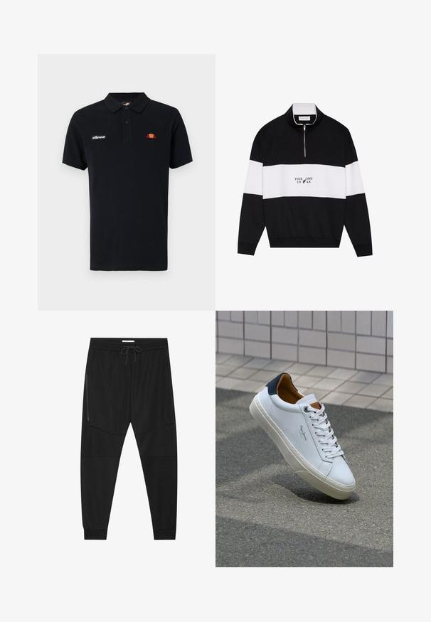 Pier One Camisola - jet black; Polo preta feita de algodão, com um colarinho de duas casas, um logótipo no peito esquerdo com o nome "ellesse" e um pequeno emblema colorido.; Calças de treino pretas feitas de tecido texturizado, com uma cintura ajustável, bolso lateral com fecho e punhos afunilados.; Sapatilha de couro branco com calcanhar azul marinho, bico redondo e detalhes em castanho contrastantes. Apresenta atacadores planos e sola de borracha texturizada.