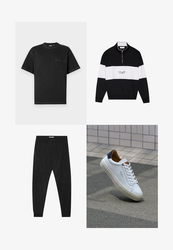 Pier One Sweatshirt - jet black; Black short-sleeve T-shirt made of cotton featuring a left chest pocket, contrasting white stitching, and a crew neckline.; Black athletic pants made of textured fabric, featuring an adjustable waistband, zippered side pocket, and tapered cuffs.; White leather sneaker with a navy heel, round toe, and contrasting brown accents. Features flat laces and textured rubber sole.