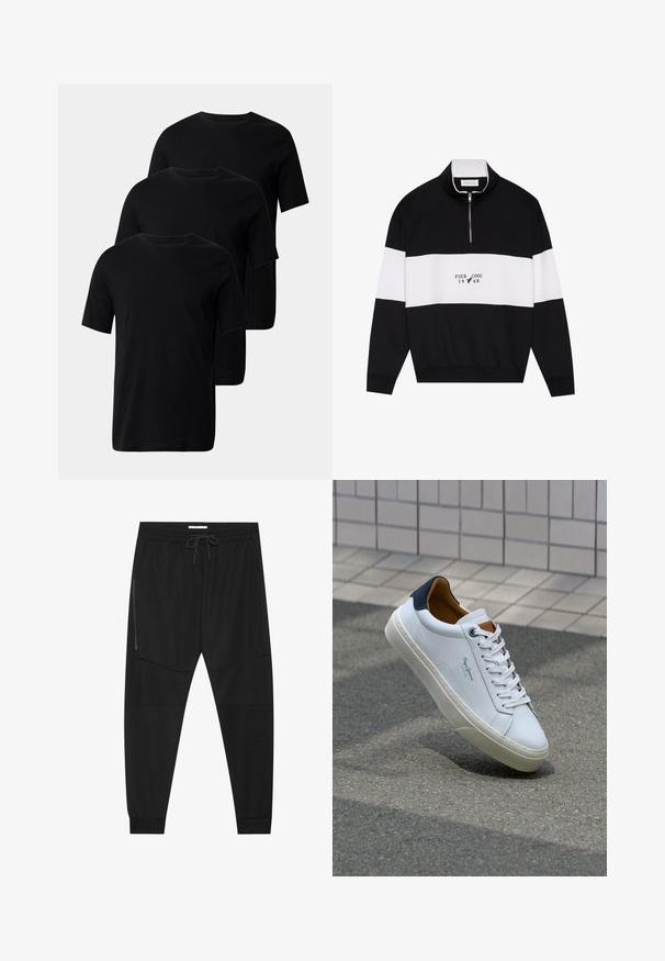Pier One Sweater - jet black; Drie zwarte katoenen t-shirts met korte mouwen en ronde hals, met een gladde textuur en zonder versieringen.; Zwarte sportbroeken van textuurstof, met een verstelbare tailleband, een ritssluiting opzij en tapered boorden.; Witte leren sneaker met een marineblauwe hiel, ronde neus en contrasterende bruin accent. Beschikt over platte veters en een gestructureerde rubberen zool.