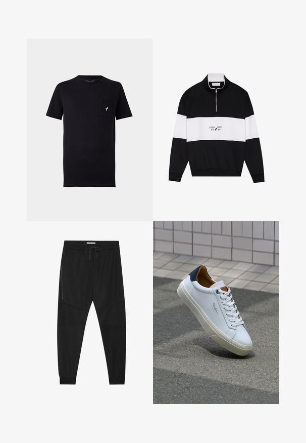 Pier One Sweatshirt - jet black; Black cotton t-shirt with short sleeves, round neck, and a front pocket featuring a small white bird logo. Soft texture and simple design.; Black athletic pants made of textured fabric, featuring an adjustable waistband, zippered side pocket, and tapered cuffs.; White leather sneaker with a navy heel, round toe, and contrasting brown accents. Features flat laces and textured rubber sole.