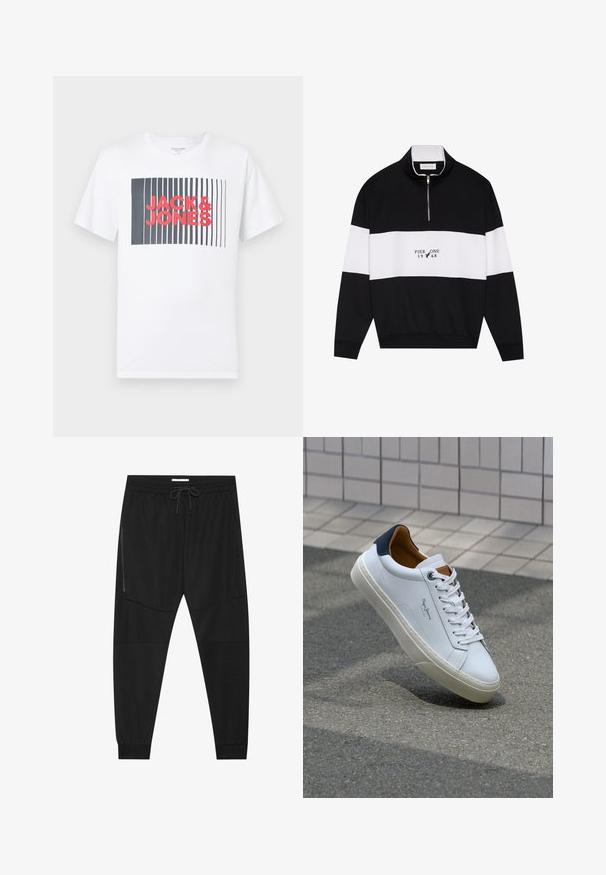 Pier One Sweatshirt - jet black; Weißes Baumwoll-T-Shirt mit einem rechteckigen Motiv aus dunkelblauen vertikalen Streifen und dem Text "JACK & JONES" in kräftigem Rot.; Schwarze Sporthosen aus strukturiertem Stoff, mit verstellbarem Bund, seitlicher Reißverschlusstasche und schmal zulaufenden Bündchen.; Weiße Ledersneaker mit navyfarbenem Fersenbereich, runder Zehenpartie und kontrastierenden braunen Akzenten. Verfügt über flache Schnürsenkel und eine strukturierte Gummisohle.