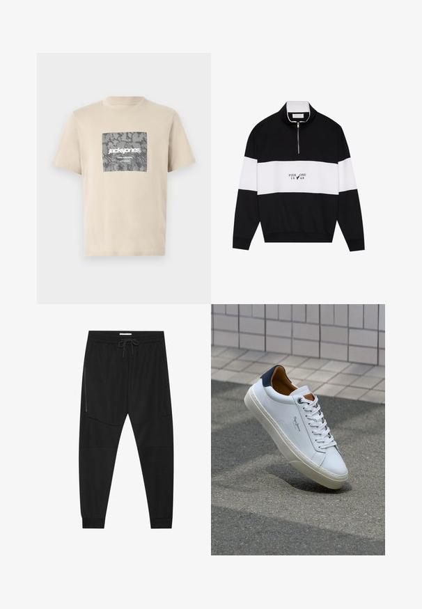 Pier One Sweatshirt - jet black; Beige cotton t-shirt featuring a gray camouflage square graphic with "jack&jones" and "CORE NINE ZERO" text. Round neckline and short sleeves.; Black athletic pants made of textured fabric, featuring an adjustable waistband, zippered side pocket, and tapered cuffs.; White leather sneaker with a navy heel, round toe, and contrasting brown accents. Features flat laces and textured rubber sole.