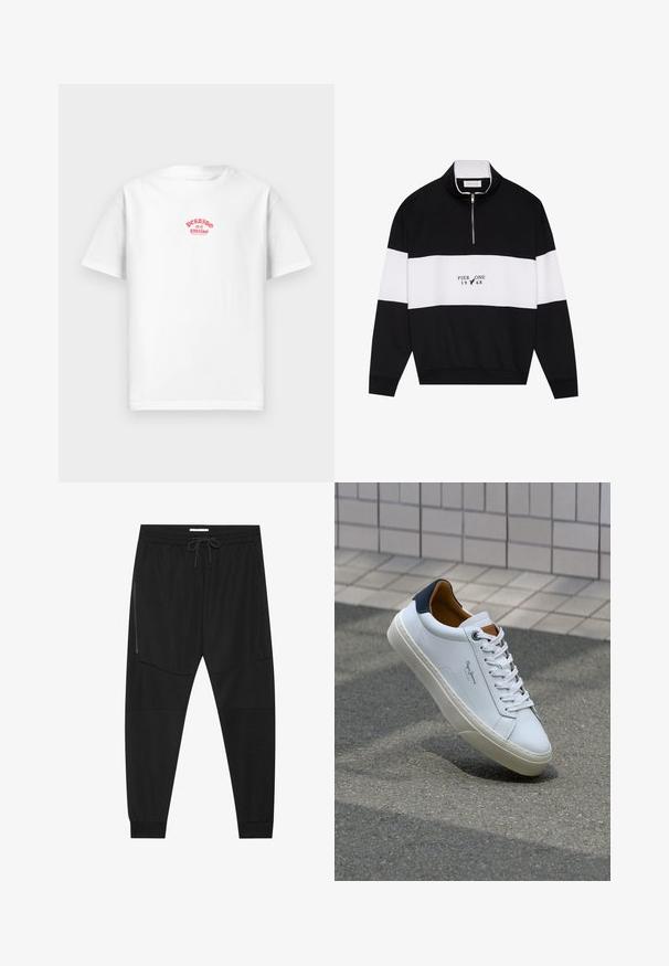 Pier One Sweatshirt - jet black; White cotton t-shirt featuring a red printed design that reads "Perdido en el paraíso" across the chest, short sleeves, relaxed fit.; Black athletic pants made of textured fabric, featuring an adjustable waistband, zippered side pocket, and tapered cuffs.; White leather sneaker with a navy heel, round toe, and contrasting brown accents. Features flat laces and textured rubber sole.