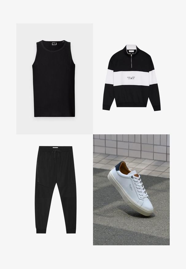 Pier One Sweatshirt - jet black; Schwarzes geripptes Tanktop mit rundem Ausschnitt, ärmellosem Design und einem weichen, strukturierten Stoff. Verfügt über einen geraden Saum und minimale Branding-Elemente.; Schwarze Sporthosen aus strukturiertem Stoff, mit verstellbarem Bund, seitlicher Reißverschlusstasche und schmal zulaufenden Bündchen.; Weiße Ledersneaker mit navyfarbenem Fersenbereich, runder Zehenpartie und kontrastierenden braunen Akzenten. Verfügt über flache Schnürsenkel und eine strukturierte Gummisohle.