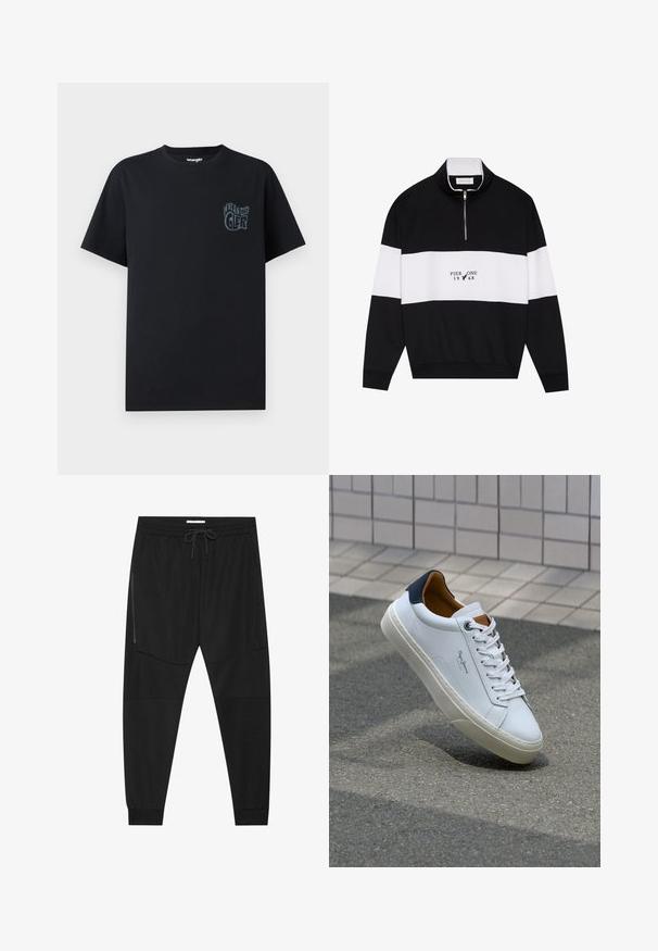 Pier One Ikdienas džemperis - jet black; Melna kokvilnas T-kreklu ar zilu grafisko logotipu kreisajā krūtī. Īsas piedurknes un klasiskas apaļas kakla izgriezums. Vienkāršs un bez sarežģījumiem dizains.; Melnas sporta bikses, izgatavotas no teksturēta auduma, ar regulējamu jostu, ar rāvējslēdzēju sānu kabatu un sašaurinātiem galiem.; Baltas ādas čības ar tumši zilu papēdi, apaļu purngalu un kontrastējošām brūnām detaļām. Aprīkotas ar plakanu auklu un struktūrētu gumijas zoli.
