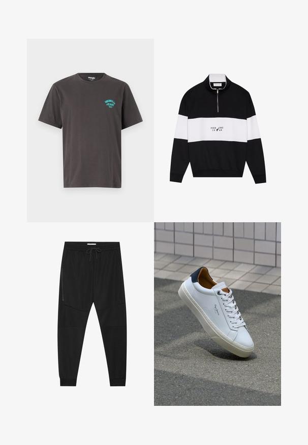 Pier One Melegítőfelső - jet black; Sötétszürke pamut póló rövid ujjakkal, kerek nyakkivágással, és türkiz "Wrangler Jeans 1947" logóval a bal oldalon.; Fekete sportnadrág texturált anyagból, állítható derékkal, cipzáras oldalzsebbel és szűkített szegéllyel.; Fehér bőr sneaker sötétkék sarkúval, kerek orral és kontrasztos barna részletekkel. Lapított fűzőkkel és textúrált gumitalppal rendelkezik.