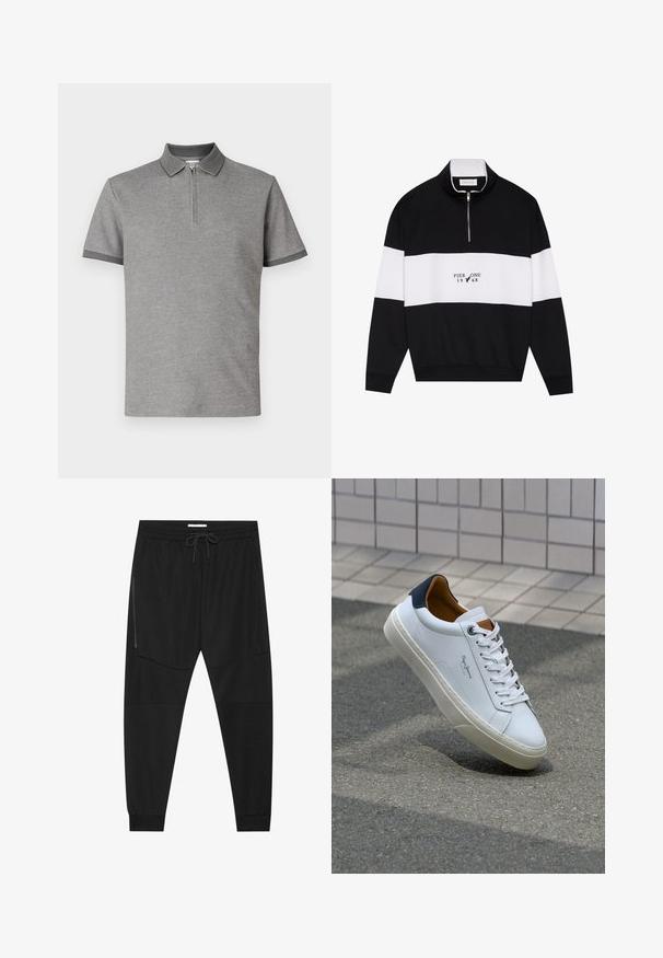 Pier One Športni pulover - jet black; Siva polo majica s kratkimi rokavi, z zadrgo do polovice in kontrastnim črnim obrobom na ovratniku in robovih rokavov. Gladka tekstura.; Črne športne hlače iz teksturirane tkanine, z nastavljivim pasom, stranskim žepom na zadrgo in zoženimi manšeti.; Beli usnjeni čevelj s plavo peto, okrogelimi prsti in kontrastnimi rjavimi detajli. Ima ravne vezalke in teksturiran gumijast podplat.