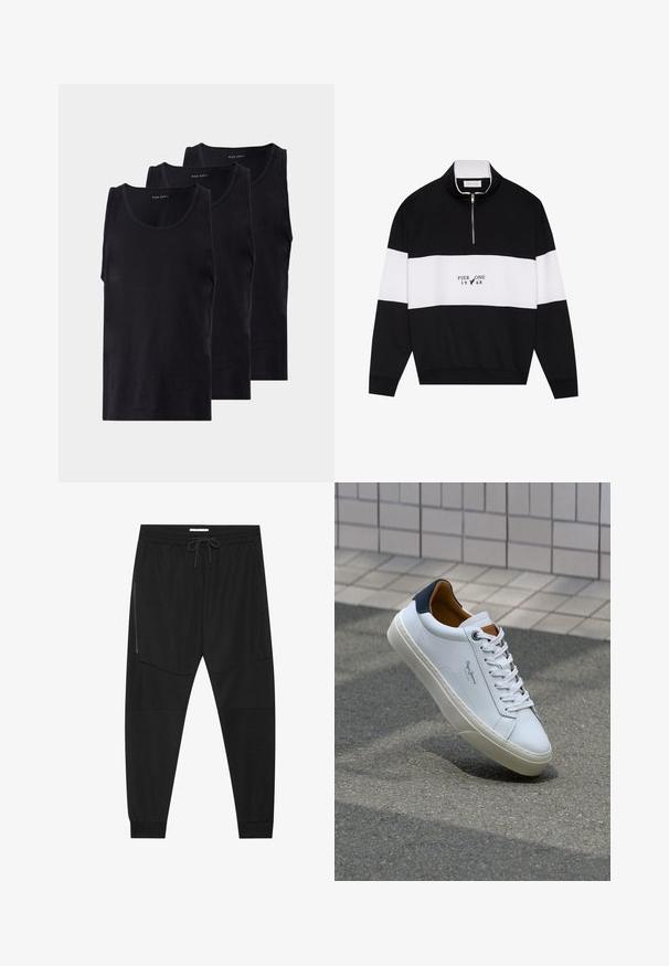 Pier One Sweater - jet black; Zwarte katoenen tanktops in een pakket van drie, met een ronde halslijn en mouwloos ontwerp, een gladde textuur en een klassieke pasvorm.; Zwarte sportbroeken van textuurstof, met een verstelbare tailleband, een ritssluiting opzij en tapered boorden.; Witte leren sneaker met een marineblauwe hiel, ronde neus en contrasterende bruin accent. Beschikt over platte veters en een gestructureerde rubberen zool.