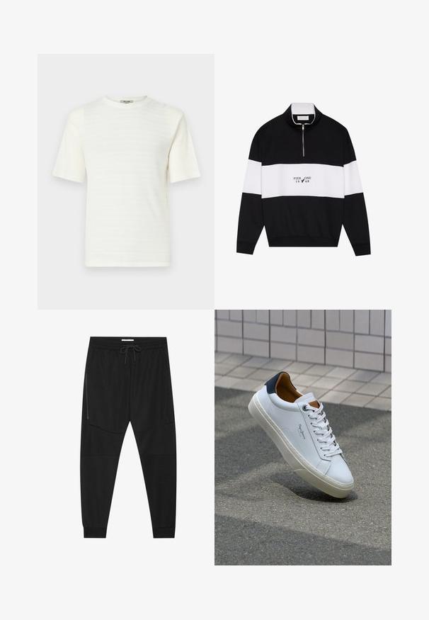 Pier One Sweatshirt - jet black; White short-sleeved T-shirt made of textured fabric with a subtle horizontal pattern. Crew neck design, relaxed fit.; Black athletic pants made of textured fabric, featuring an adjustable waistband, zippered side pocket, and tapered cuffs.; White leather sneaker with a navy heel, round toe, and contrasting brown accents. Features flat laces and textured rubber sole.