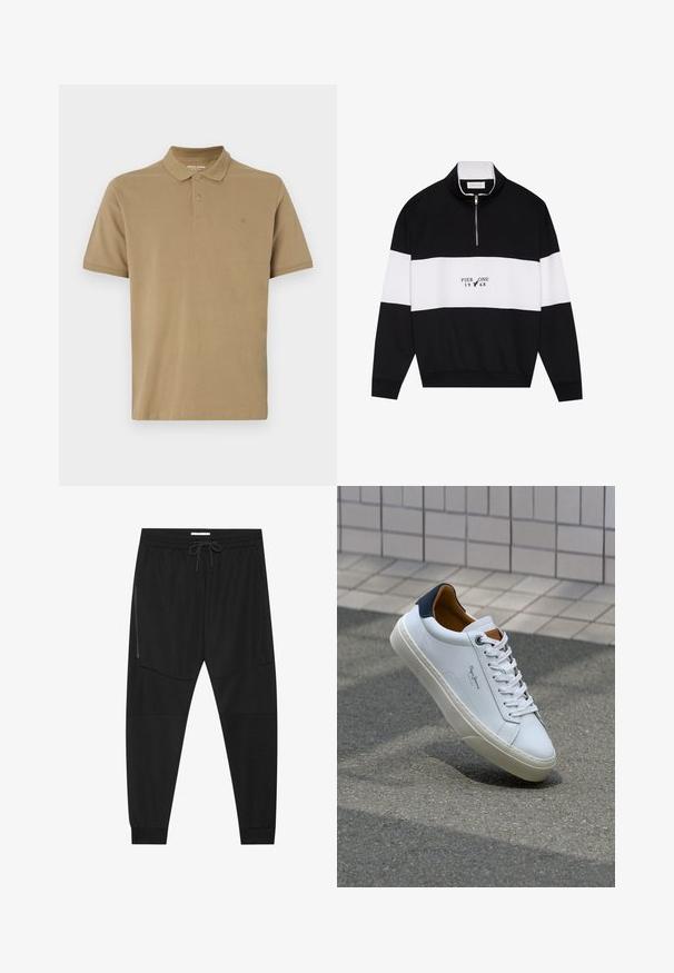 Pier One Sweatshirt - jet black; Polo de couleur khaki en coton, avec un col, une patte de boutonnage à deux boutons, des manches courtes et un petit logo sur la poitrine. Texture lisse.; Pantalons de sport noirs en tissu texturé, dotés d'une taille réglable, d'une poche latérale zippée et de chevrons resserrés.; Sneaker en cuir blanc avec un talon bleu marine, bout rond et accents marron contrastés. Dispose de lacets plats et d'une semelle en caoutchouc texturée.