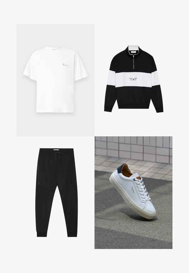 Pier One Melegítőfelső - jet black; Fehér pamut póló laza fit választható, kerek nyakkal, rövid ujjakkal, és egy kis "La Bellavista" logó hímzéssel a mellkason.; Fekete sportnadrág texturált anyagból, állítható derékkal, cipzáras oldalzsebbel és szűkített szegéllyel.; Fehér bőr sneaker sötétkék sarkúval, kerek orral és kontrasztos barna részletekkel. Lapított fűzőkkel és textúrált gumitalppal rendelkezik.