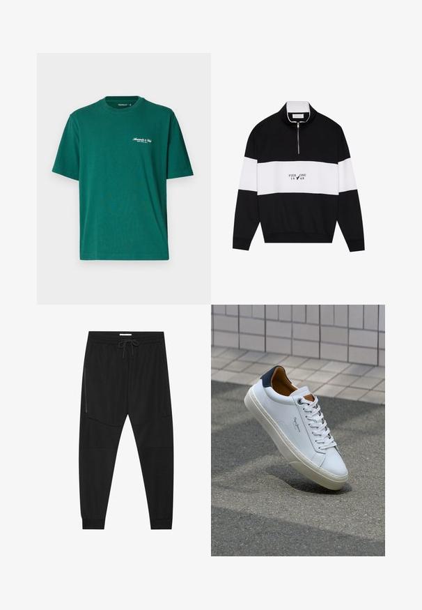 Pier One Sweatshirt - jet black; Abercrombie & Fitch Premium Polished Micro-Logo Tee - T-shirt - bas - rainforest; Svarta träningsbyxor i texturerad tyg, med justerbart midjeband, ficka med dragkedja på sidan och avsmalnande muddar.; Vita lädersneakers med en marinblå häl, rund tå och kontrasterande bruna detaljer. Har plana snören och en texturerad gummisula.