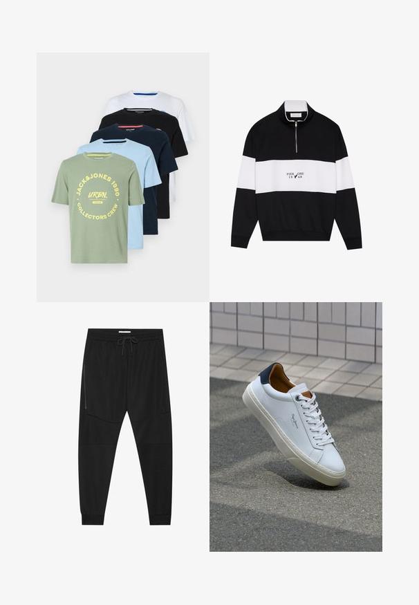 Pier One Ikdienas džemperis - jet black; Pieci T-krekli izlikti rindā: olīvu zaļā, gaiši zila, tumši zila, melna un balta. Katram ir apaļš kakla izgriezums un dažādi logotipi.; Melnas sporta bikses, izgatavotas no teksturēta auduma, ar regulējamu jostu, ar rāvējslēdzēju sānu kabatu un sašaurinātiem galiem.; Baltas ādas čības ar tumši zilu papēdi, apaļu purngalu un kontrastējošām brūnām detaļām. Aprīkotas ar plakanu auklu un struktūrētu gumijas zoli.