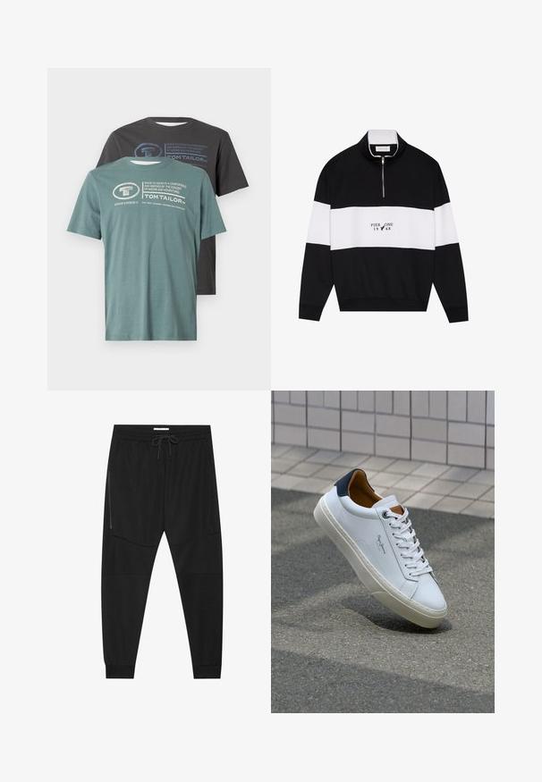 Pier One Sweatshirt - jet black; Två crew-neck T-shirts staplade: en i mörkgrön med vit tryck, den andra i svart med blå tryck. Båda tillverkade av mjuk bomull.; Svarta träningsbyxor i texturerad tyg, med justerbart midjeband, ficka med dragkedja på sidan och avsmalnande muddar.; Vita lädersneakers med en marinblå häl, rund tå och kontrasterande bruna detaljer. Har plana snören och en texturerad gummisula.