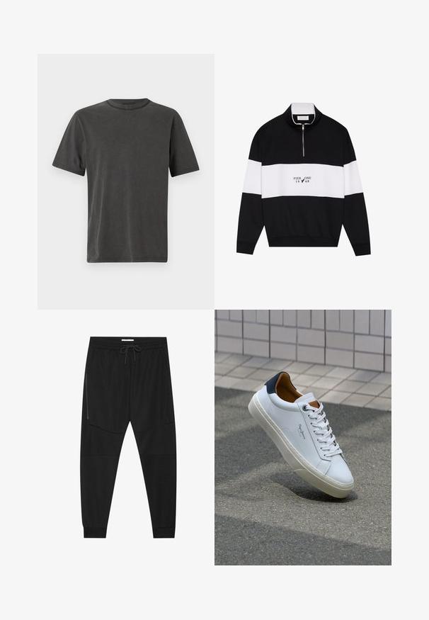 Pier One Sweatshirt - jet black; Kurzärmeliges T-Shirt mit Rundhalsausschnitt aus dunkelgrauer Baumwolle. Weiche Textur mit dezent matter Oberfläche und verstärkten Nähten an den Säumen.; Schwarze Sporthosen aus strukturiertem Stoff, mit verstellbarem Bund, seitlicher Reißverschlusstasche und schmal zulaufenden Bündchen.; Weiße Ledersneaker mit navyfarbenem Fersenbereich, runder Zehenpartie und kontrastierenden braunen Akzenten. Verfügt über flache Schnürsenkel und eine strukturierte Gummisohle.