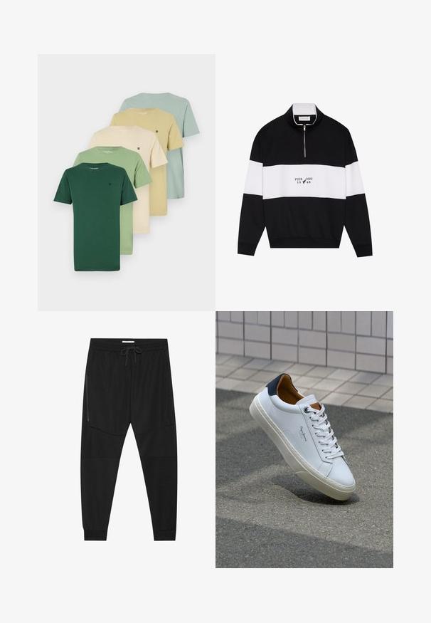 Pier One Športni pulover - jet black; Pet majic T-shirtov prikazanih v prehodu od zelene do svetle bež barve. So izdelani iz bombaža, imajo okrogle izreze in kratke rokave. Vsak ima majhen logotip.; Črne športne hlače iz teksturirane tkanine, z nastavljivim pasom, stranskim žepom na zadrgo in zoženimi manšeti.; Beli usnjeni čevelj s plavo peto, okrogelimi prsti in kontrastnimi rjavimi detajli. Ima ravne vezalke in teksturiran gumijast podplat.
