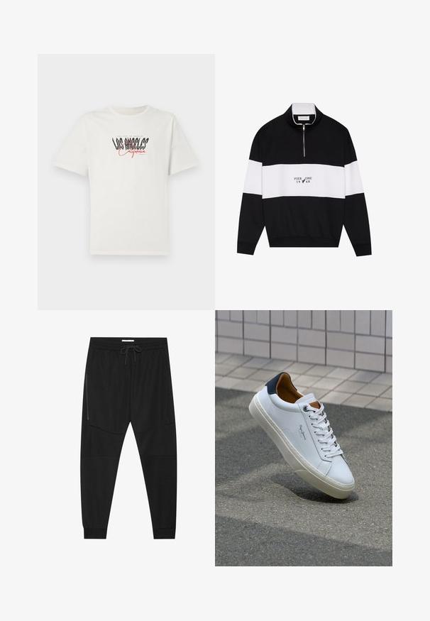 Pier One Melegítőfelső - jet black; Fehér pamut póló rövid ujjakkal és kerek nyakkivágással. Black és piros színű "Los Angeles California" grafika díszíti. Egyszerű, laza szabású.; Fekete sportnadrág texturált anyagból, állítható derékkal, cipzáras oldalzsebbel és szűkített szegéllyel.; Fehér bőr sneaker sötétkék sarkúval, kerek orral és kontrasztos barna részletekkel. Lapított fűzőkkel és textúrált gumitalppal rendelkezik.