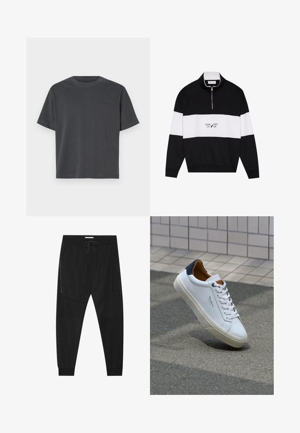 Pier One Pusa - jet black; Tumehall puuvillane T-särk ümmarguse kaelusega, lühikeste varrukatega, otse alläärega ja diskreetse teksti detailiga rinnal.; Mustad mustad teksitootest valmistatud mustad treeningpüksid, millel on reguleeritav vöökoht, tõmblukuga küljetasku ja kitsenevad varrukad.; Valge nahast tennis, millel on tumesinine konts, ümmargune nina ja kontrastsed pruuni aktsendid. Omab lamepaelti ja tekstureeritud kummist tallat.