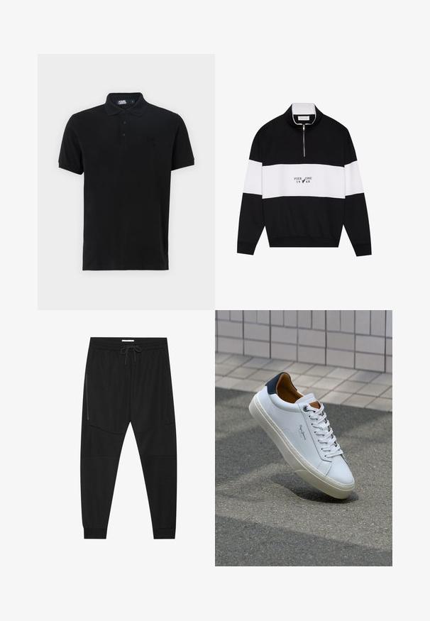 Pier One Melegítőfelső - jet black; Fekete pólóing puha pamutból. Gallérral, három gombos felső résszel és hímzett "K" logóval a bal mell részen. Rövid ujjú.; Fekete sportnadrág texturált anyagból, állítható derékkal, cipzáras oldalzsebbel és szűkített szegéllyel.; Fehér bőr sneaker sötétkék sarkúval, kerek orral és kontrasztos barna részletekkel. Lapított fűzőkkel és textúrált gumitalppal rendelkezik.