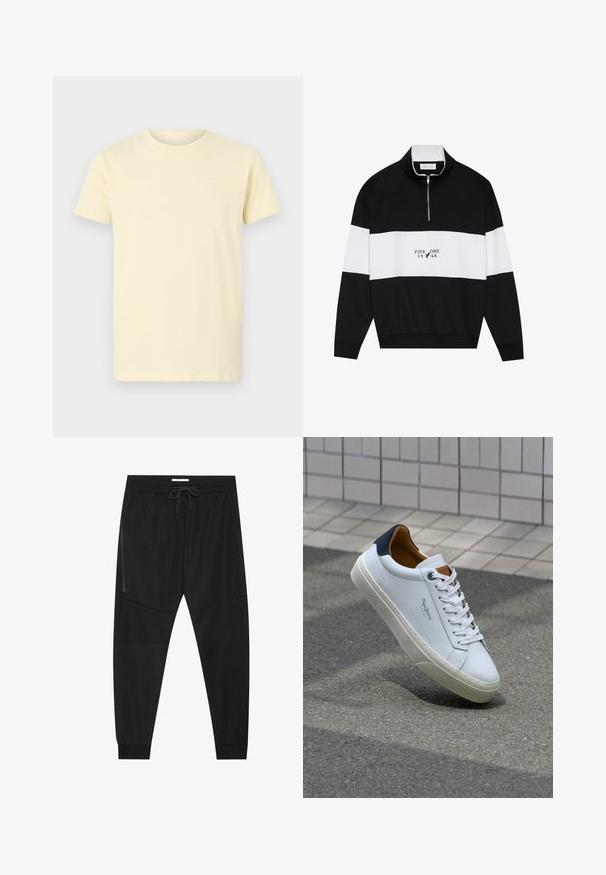 Pier One Melegítőfelső - jet black; Világos sárga pamut póló rövid ujjakkal és kerek nyakkivágással; a bal felső mellrészen egy kis fehér logóval rendelkezik.; Fekete sportnadrág texturált anyagból, állítható derékkal, cipzáras oldalzsebbel és szűkített szegéllyel.; Fehér bőr sneaker sötétkék sarkúval, kerek orral és kontrasztos barna részletekkel. Lapított fűzőkkel és textúrált gumitalppal rendelkezik.