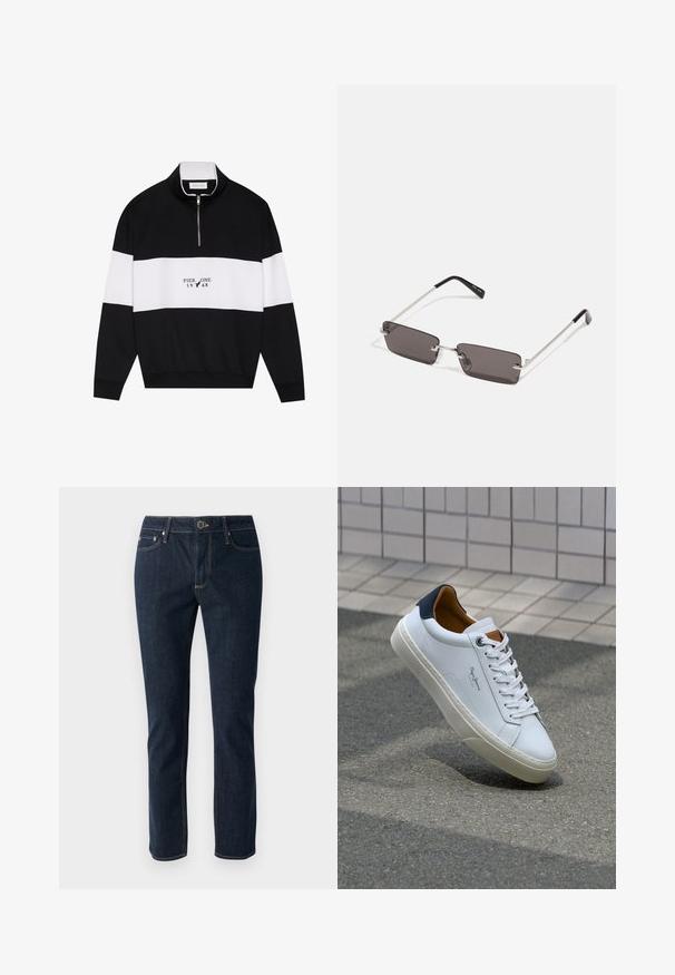Pier One Sportska majica - jet black; Tamno plave traperice s ravnim nogavicama, koje se zatvaraju dugmetom, imaju pet džepova i kontrastni šav. Glatka tekstura.; Bijela kožna tenisica s mornarskom petom, okruglim vrhom i kontrastnim smešnim akcentima. Sadrži ravne vezice i teksturiranu gumenu potplat.; Naočale s pravokutnim, tamnosivim lećama, srebrnim metalnim okvirom i crnim plastičnim vrhovima na ručkama. Lagani dizajn s jastučićima za nos.
