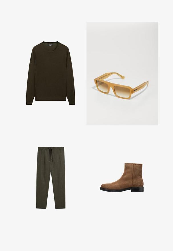 Dunkelgrüner Langarmpullover aus weichem Material, mit runder Ausschnitt und gerippten Bündchen sowie Saum. Schlichtes, einfarbiges Design.; Massimo Dutti JOGGER FIT - Stoffhose - dark green; Braune Wildleder-Ankle-Boots mit glatter Oberfläche, abgerundetem Zehenbereich und schwarzer Gummisohle. Mit seitlichem Reißverschluss und minimalen Nahtdetails.; Rechteckige Sonnenbrille mit einem durchscheinenden amberfarbenen Rahmen. Gradient-braune Linsen und auffällige Bügel mit einem Logoakzent. Glatte, glänzende Oberfläche.