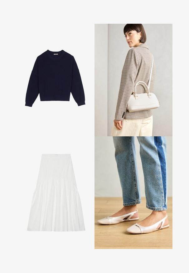 Sötétkék kötött pulóver bordázott textúrával, kerek nyakkal, ejtett vállakkal és rövidített aljjal. Puha anyagból készült, hosszú ujjakkal.; Fehér, térdközépig érő, pamut szoknya. A deréknál összegyűrt részletekkel, sima textúrával és egyszerű, klasszikus A-vonalú sziluettel rendelkezik.; Világos rózsaszín slingback laposlábú cipők, hegyes orral, sima bőrhatású anyagból készült. Oldalt kivágott részletek találhatók rajta, valamint lapos sarkú.; Fehér, strukturált kézitáska rövid füllel és vállpánttal, arany színű fém kiegészítőkkel és texturált anyagból, szürke háttér előtt bemutatva.
