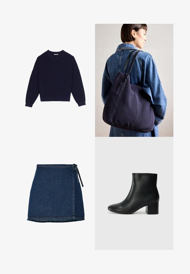 Mornarsko modra pletena jopica z rebrasto teksturo, okroglim ovratnikom, spuščeni rameni in krajšo dolžino. Mehka tkanina z dolgimi rokavi.; Jeansska s preklopnim dizajnom, temno modre barve in z vezanim pasom. Ima šiveče podrobnosti ob robu in stranski šiv.; Črne usnjene gležnjarje s koničastim nosom in debelim peto. Gladka tekstura z minimalnimi detajli in eleganten, prilegajoč dizajn.; Modra platnena torba za ramo s meko, strukturirano obliko, opremljena s črnim trakom, šivanjem in majhno oznako blagovne znamke.