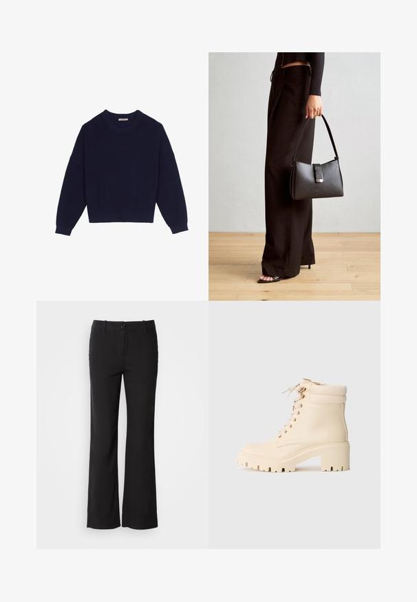 Suéter de punto azul marino con textura acanalada, escote redondo, hombros caídos y dobladillo corto. Tejido suave con mangas largas.; Pantalones de mezcla de algodón negros con un diseño de pierna recta, cierre frontal de botón y dos bolsillos laterales. Textura suave, sin patrones visibles.; Botín de tobillo color crema hecho de cuero suave, con puño acanalado, tacón grueso y parte delantera con cordones que presenta ojales dorados.; Bolso negro con forma estructurada, textura suave y un cierre metálico. Combinado con pantalones anchos negros y sandalias de dedo en un suelo de madera.