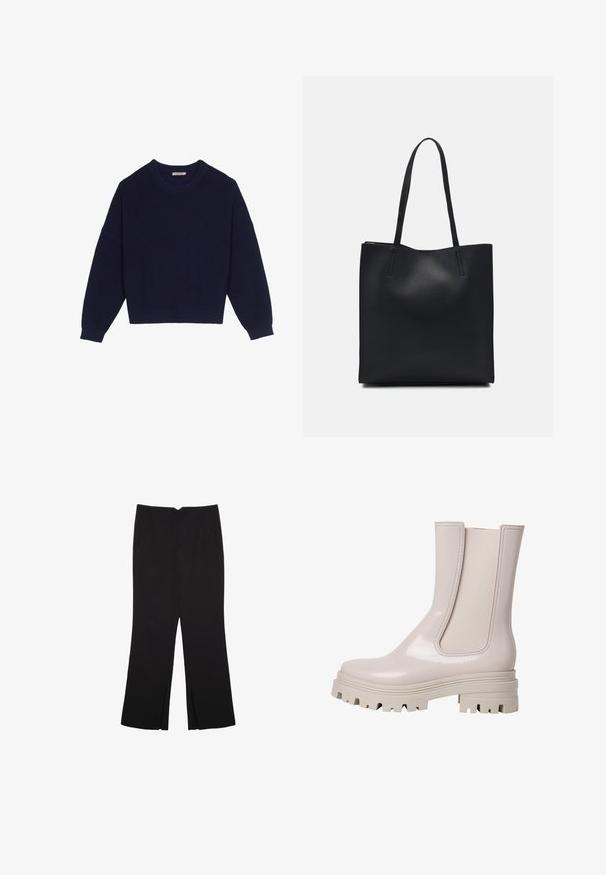 Námořnická modrá pletená svetr s ribkovanou strukturou, kulatým výstřihem, spadlými rameny a zkráceným lemem. Měkká látka s dlouhými rukávy.; Černé kalhoty s rovným střihem, s předními kapsami a bočními rozparky na lemu. Vyrobené z jemné, hladké tkaniny. Vhodné na různé příležitosti.; Světle růžové lesklé kotníkové boty s elastickými postranními panely, robustní šedou gumovou podrážkou a texturovaným vzorkem pro lepší přilnavost. Elegantní, minimalistický design.; Černá kožená taška přes rameno s hladkým povrchem, obdélníkovým tvarem a dvěma dlouhými uchy. Žádné viditelné kování ani ozdoby.