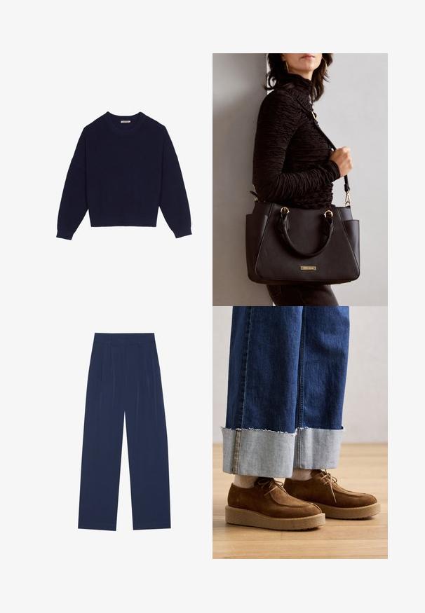 Navyblauwe gebreide trui met een ribbelstructuur, ronde hals, ingezette schouders en een cropped zoom. Zachte stof met lange mouwen.; Navyblauwe wijde broek van zachte stof, voorzien van voorplooien, een gladde textuur en een rechte pasvorm zonder zichtbare zakken.; Geox ELIDEA - Veterschoenen - dark camel; Zwarte handtas met gestructureerd oppervlak, dubbele bovenhandvatten en verstelbare schouderriem. Voorzien van goudkleurige hardware en zijzakken.