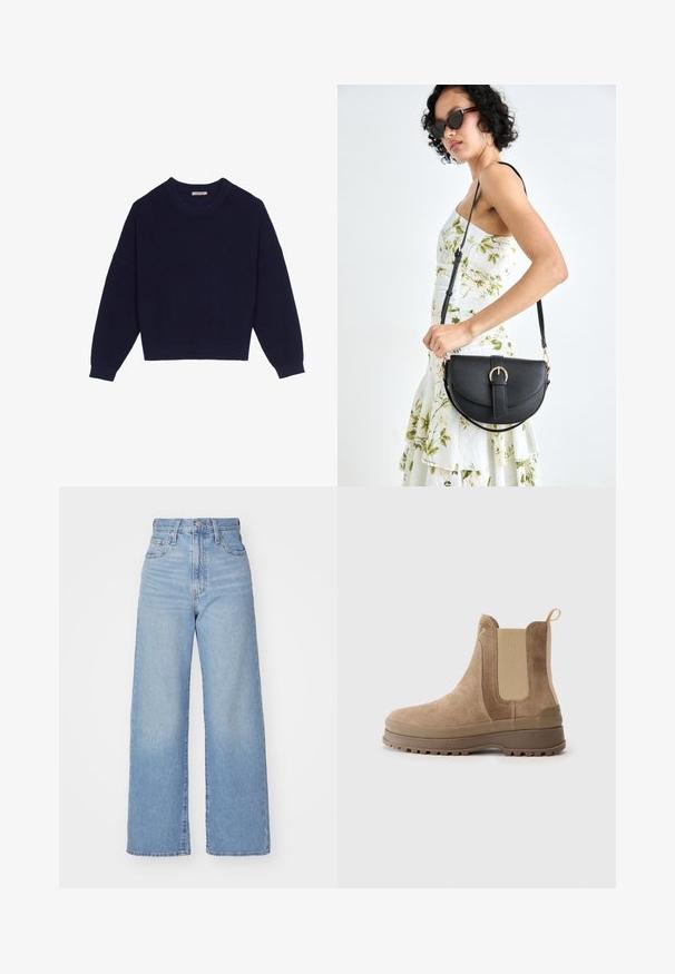 Marineblauer Strickpullover mit geribbelter Textur, Rundhalsausschnitt, überschnittenen Schultern und cropped Saum. Weicher Stoff mit langen Ärmeln.; Hellblaue High-Waist-Weite-Leg-Jeans mit Knopf- und Reißverschluss vorne, Vorder- und Rückentaschen, auf weißem Hintergrund.; Braune Wildleder Chelsea-Boots mit elastischen Seitenteilen, Zuglasche, Gummisohle und texturiertem Obermaterial, mit runder Zehenkappe und robuster Verarbeitung.; Schwarze Lederhandtasche mit geschwungener Form, abnehmbarem Tragegurt und goldenen Beschlägen. Die Tasche verfügt über einen Deckel mit einer Schnallen-Details.