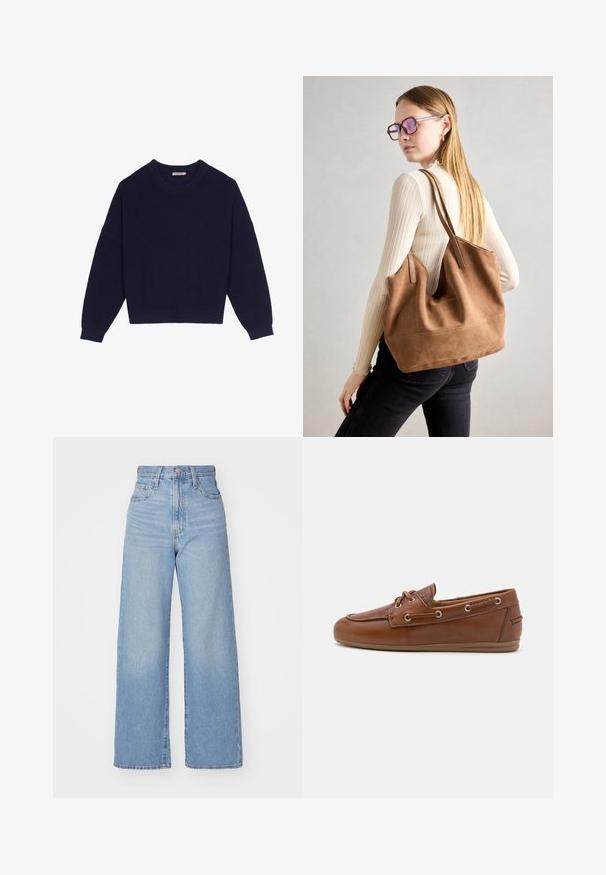 Tamsiai mėlynas megztinis su raštuota struktūra, apvalia iškirpte, nuleistais pečiais ir sutrumpintu apvadu. Minkšta medžiaga ir ilgos rankovės.; Šviesiai mėlynos aukšto liemens plačios kojos džinsai su priekiniais užtrauktukais ir sagom, priekinėmis ir galinėmis kišenėmis, ant baltos fono.; Rudi odiniai laivų batai su nėriniais, metaliniais akių tvirtinimais, tekstūruota danga ir lankstus šviesiai rudas guminis padas. Suapvalintas pirštų dizainas.; Ruda zomšos rankinė su minkšta tekstūra, dideliu atidarymu ir ilgomis diržais. Pasižymi paprastu dizainu, matomomis siūlėmis ir be aksesuarų.