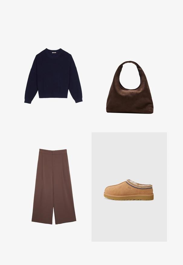 Námornícky modrý pletený sveter s rebrovanou textúrou, okrúhlym výstrihom, spustenými ramenami a skráteným lemom. Mäkka tkanina s dlhými rukávmi.; Hnedé nohavice so širokými nohavicami a hladkou textúrou, s vysokým pásom a prednými skladmi. Tkanina je ľahká a voľne sa pohybuje.; Béžové semišové slip-on topánky s textúrovanou vlnenou podšívkou a dekoratívnym etnickým šitím okolo goliera. Majú gumovú podrážku.; Svetlohnedá kabelka v štýle hobo s jedným širokým popruhom a zakriveným otváraním na vrchu, vystavená na bielom pozadí.