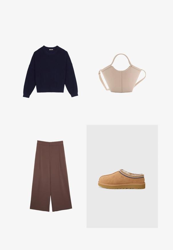 Námornícky modrý pletený sveter s rebrovanou textúrou, okrúhlym výstrihom, spustenými ramenami a skráteným lemom. Mäkka tkanina s dlhými rukávmi.; Hnedé nohavice so širokými nohavicami a hladkou textúrou, s vysokým pásom a prednými skladmi. Tkanina je ľahká a voľne sa pohybuje.; Béžové semišové slip-on topánky s textúrovanou vlnenou podšívkou a dekoratívnym etnickým šitím okolo goliera. Majú gumovú podrážku.; Béžová kožená kabelka s unikátnym tvarom, vybavená dvoma krátkymi uchami a jedným dlhým nastaviteľným popruhom. Hladký povrch s minimálnym kovovým príslušenstvom.