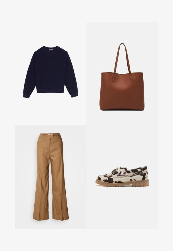 Mørkeblå strikkegenser med ribbestruktur, rund halslinning, senket skuldersøm og kortere nederkant. Myk stoff med lange ermer.; Brune vide benbukser laget av lett materiale. Har flat front, beltehemper og en skreddersydd silhuett med ankel-lengde.; Sko med kuled mønster, med en kremfarget base og mørkebrune flekker, laget med gummisåle og snøring.; Brun lær tote veske med en jevn tekstur, åpen toppdesign og to skulderstropper. Har minimal søm og ingen synlige spiker.