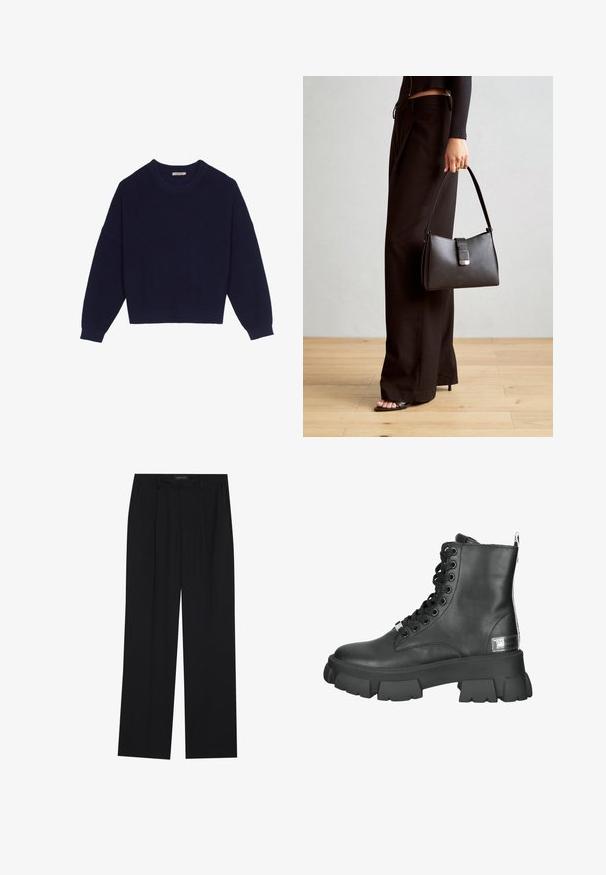 Sweater de malha azul-marinho com textura canelada, decote redondo, ombros caídos e bainha encurtada. Tecido macio com mangas longas.; Calças pretas com um design de perna reta, apresentando dois bolsos frontais e um cós. Feitas de um tecido leve e suave.; Botas de tornozelo em couro preto com sola grossa, bico redondo e atacadores frontais com ilhós metálicos, além de uma aba na parte de trás.; Bolsa preta com forma estruturada, textura suave e um fecho metálico. Combinada com calças largas pretas e sandálias de salto aberto sobre um chão de madeira.
