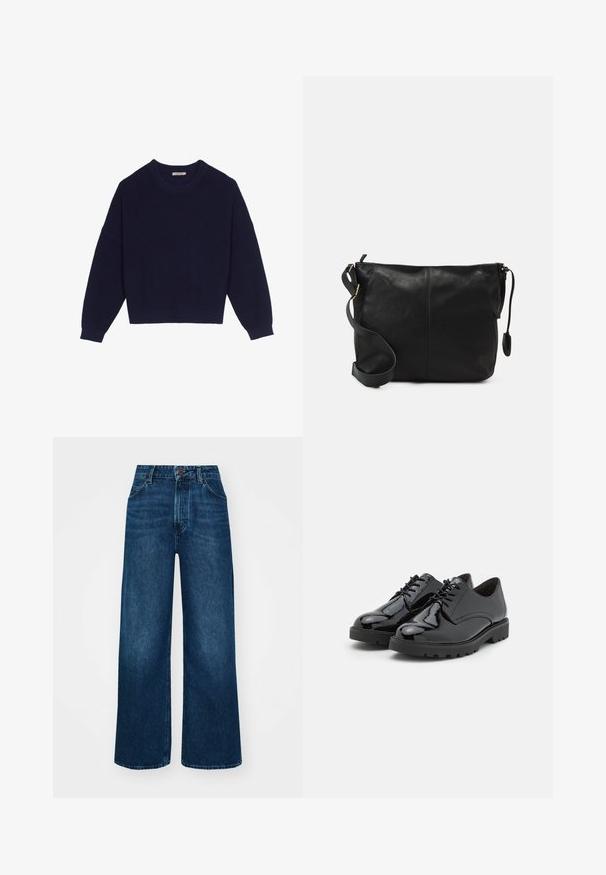 Mornarsko modra pletena jopica z rebrasto teksturo, okroglim ovratnikom, spuščeni rameni in krajšo dolžino. Mehka tkanina z dolgimi rokavi.; Hlače z visokim pasom in širokimi nogavicami iz temno modrega denima z gladko teksturo, kontrastnim šivanjem in zasnovo s petimi žepi. Sprednje zapiranje na gumb.; Črne lakirane usnjene čevlje s zaobljenim prstom, zavezovanjem, gumijastim podplatom z teksturo in diskretno šivano podrobnostjo ob straneh.; Črna usnjena torbica čez telo s ravno obliko, z zlatimi kovinskimi dodatki in nastavljivim trakom. Gladka tekstura z minimalnimi šivi.