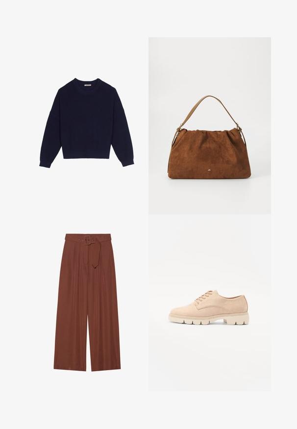 Pulover tricotat de culoare bleumarin, cu textură ribbed, decolteu rotund, umeri lăsați și tiv scurt. Material moale cu mâneci lungi.; Pantaloni evazați din țesătură maro, prevăzuți cu un curea cu cataramă pătrată, design pliat și textură netedă.; Pantofi bej din suede cu şireturi, cu vârful rotund, parte superioară texturată şi o talpă din cauciuc crem, robustă, cu un profil pronunțat pentru aderență.; Geantă din suede maro cu un design plisat, având o curea din piele bej și un detaliu subtil cu logo auriu în partea din față.