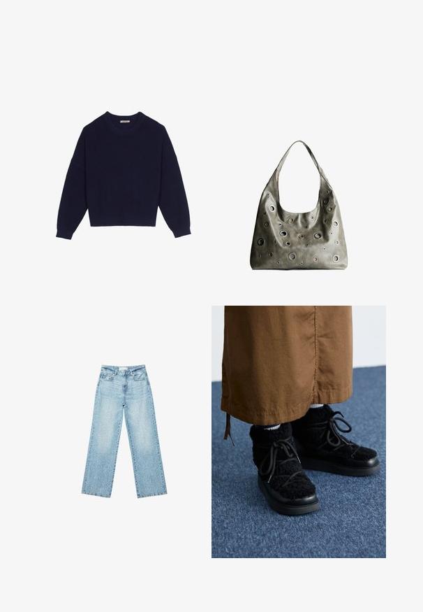 Tummansininen neulepaita, jossa on ribbikuvio, pyöreä kaula-aukko, pudotetut hartiat ja lyhennetty helma. Pehmeä kangas ja pitkät hihat.; Vaaleansiniset leveälahkeiset farkut korkealla vyötäröllä, joissa on haalistunut pesu ja pieniä, satunnaisia kulumisia ympäriinsä.; Mustat pörröiset lenkkarit, joissa on platform-pohja, nauhat, pehmeä pinta ja pyöreä kärki. Yhdistetty ruskean kankaan kanssa alla.; Oliivinvihreä nahkalaukku, jossa on rento muotoilu, ja jossa on erilaisia kokoisia pyöreitä läpivientejä sekä tummempia ja vaaleampia yksityiskohtia.