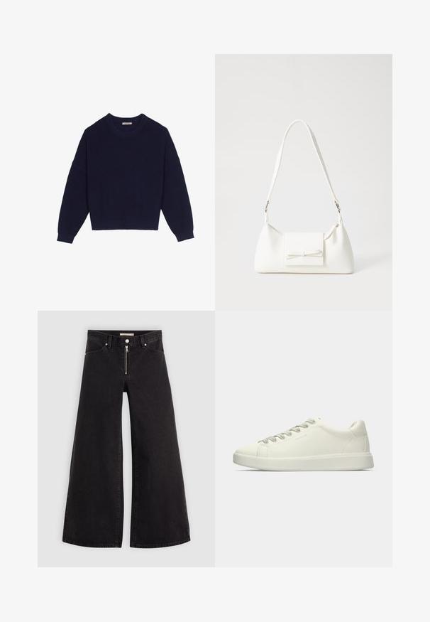 Pulover tricotat de culoare bleumarin, cu textură ribbed, decolteu rotund, umeri lăsați și tiv scurt. Material moale cu mâneci lungi.; Jeans cu picioare largi din denim negru, cu fermoar în față, design cu cinci buzunare și detalii subtile de cusătură. Textură netedă și stil casual.; Tenis din piele albă, cu talpă joasă și închidere cu șireturi, prezentat din lateral pe un fundal simplu.; Geantă sintetică albă, cu formă triangulară, capac frontal plat și detaliu cu fundă, curea ajustabilă, textură netedă și design minimalist.